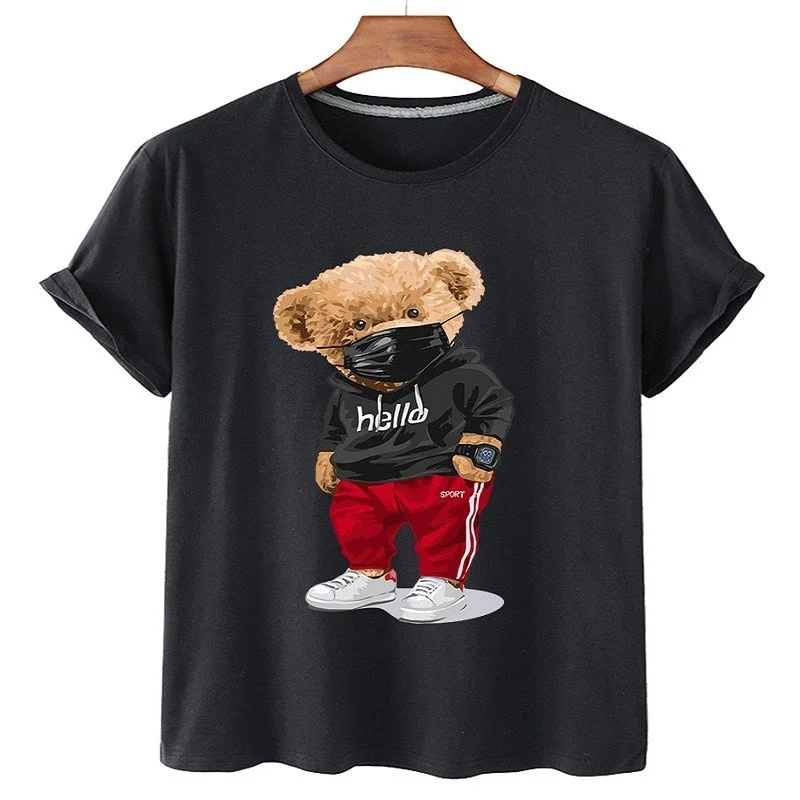 Amy Fashion - 100% Cotton Mask Bear Print Short-sleeved T-shirt