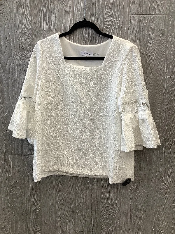 Blouse Long Sleeve By Calvin Klein In White, Size: L