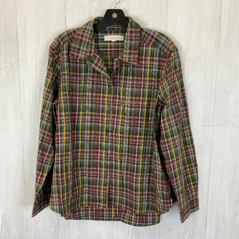 Blouse Long Sleeve By Loft In Plaid Pattern, Size: L