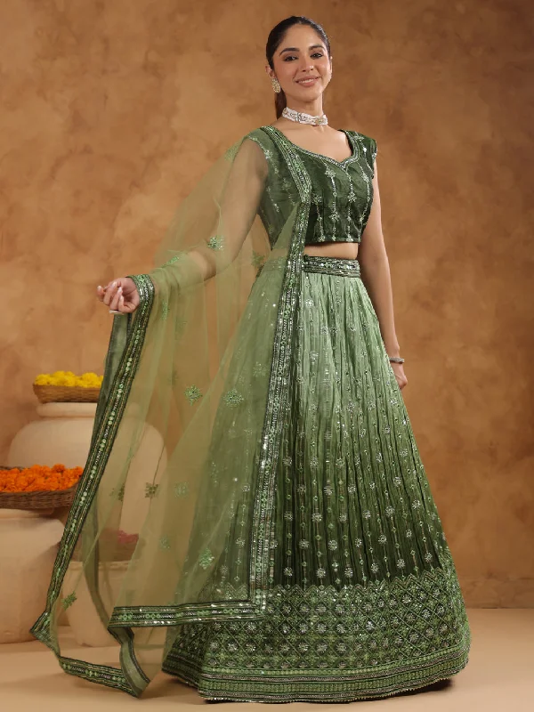 Olive Green Silk Blend Zari Embroidered Semi-Stitched Lehenga & Unstitched Choli with Dupatta Set