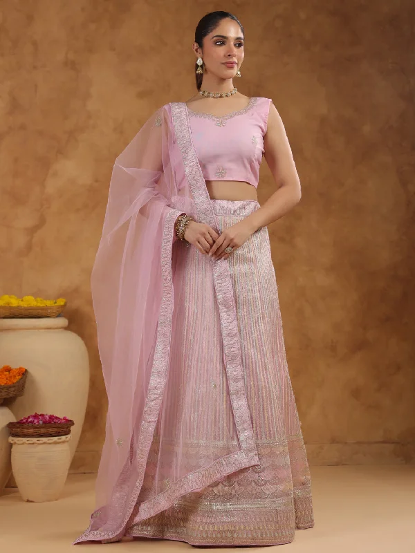 Pink Net Zari Embroidered Semi-Stitched Lehenga & Unstitched Choli with Dupatta Set