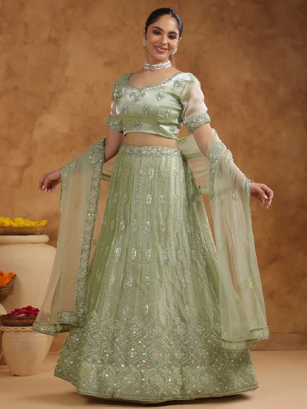 Pista Green Organza Zari Embroidered Semi-Stitched Lehenga & Unstitched Choli with Dupatta Set