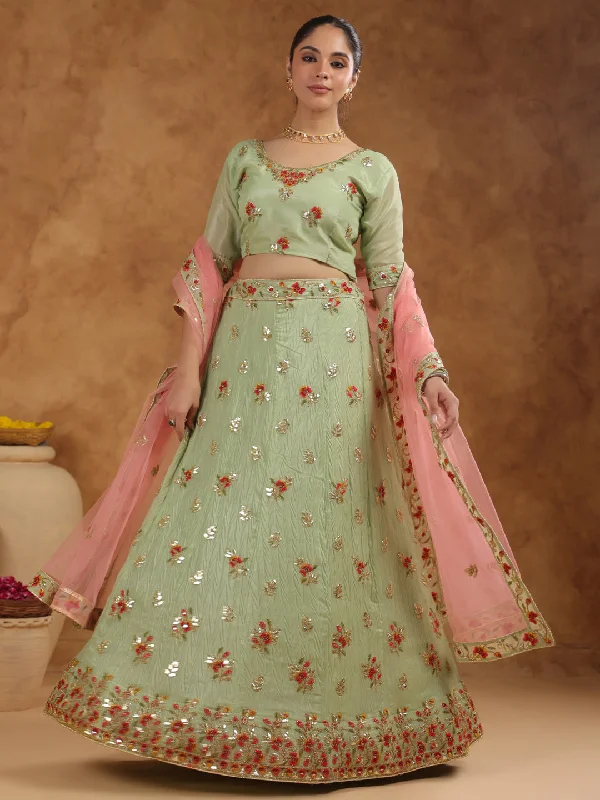 Pista Green Zari Art Silk Embroidered Semi-Stitched Lehenga & Unstitched Choli with Dupatta Set