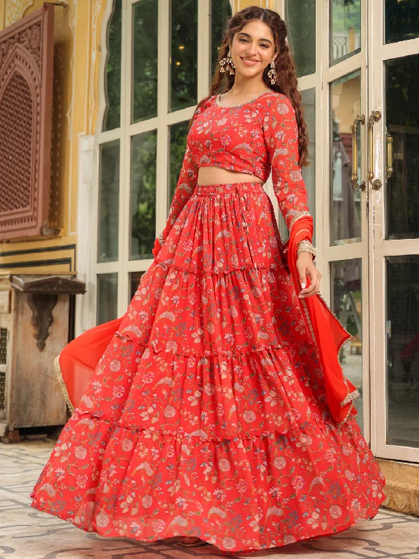 Red Georgette Floral Printed Tiered Lehenga Choli Set