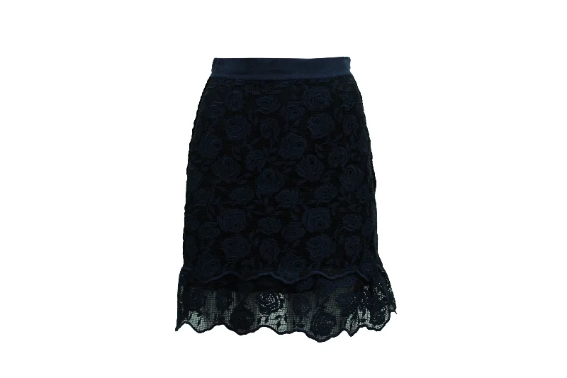 Sandro Dee Rose Pattern Lace Skirt in Navy Blue Polyester