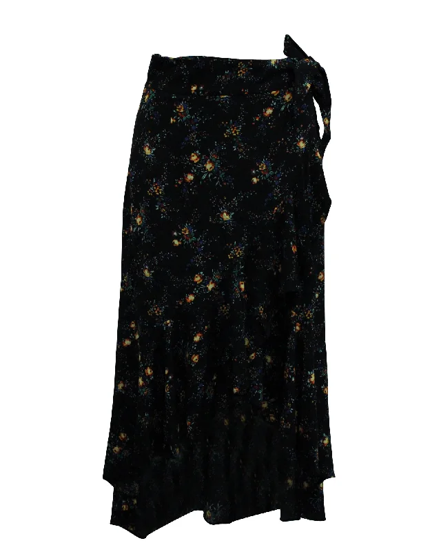 Sandro Floral Print Asymmetric Skirt in Black Viscose