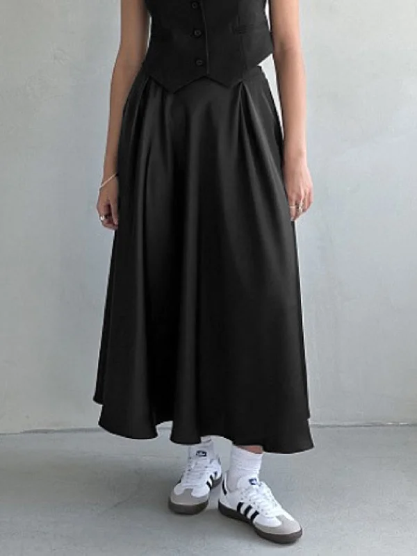 BerryBetty - Satin Elastic Waistband Zippered Flowy Maxi Skirt