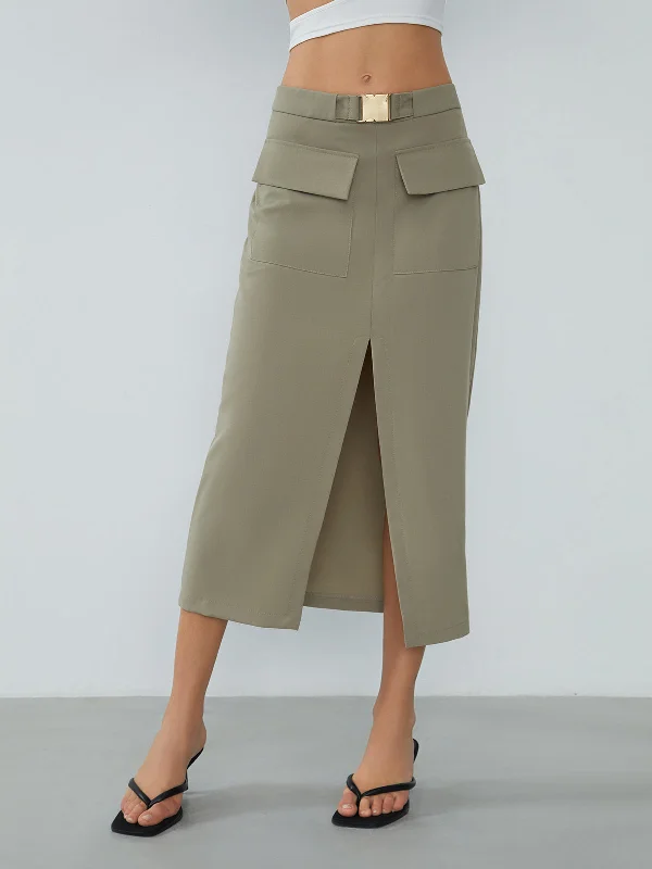 BerryBetty - Zip Up Belted Pockets Midi Skirt