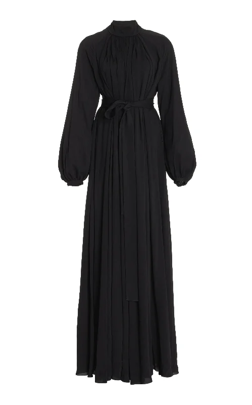 Cedric Pleated Maxi Dress in Black Silk Georgette Twill