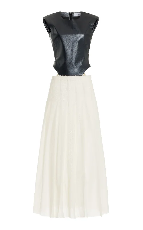 Mina Pleated Maxi Dress in Black Metallic Nappa Leather & Ivory Virgin Wool Cashmere Gauze