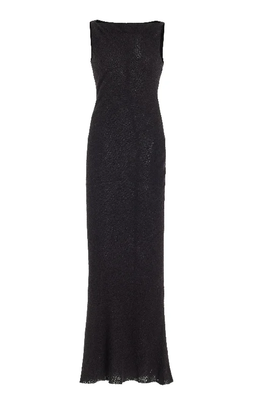 Seren Maxi Dress in Black Silk Cashgora Boucle Gauze