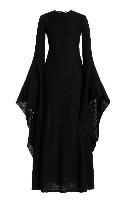 Sigrud Draped Maxi Dress in Black Wool Silk Gauze