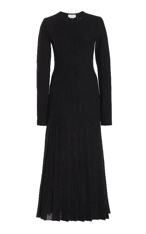 Walsh Knit Pleated Maxi Dress in Black Wool