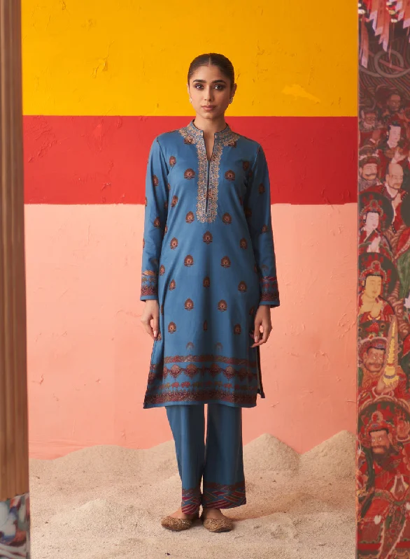 Azure Printed Woollen Kurta Set with Zari Work and Stone Work