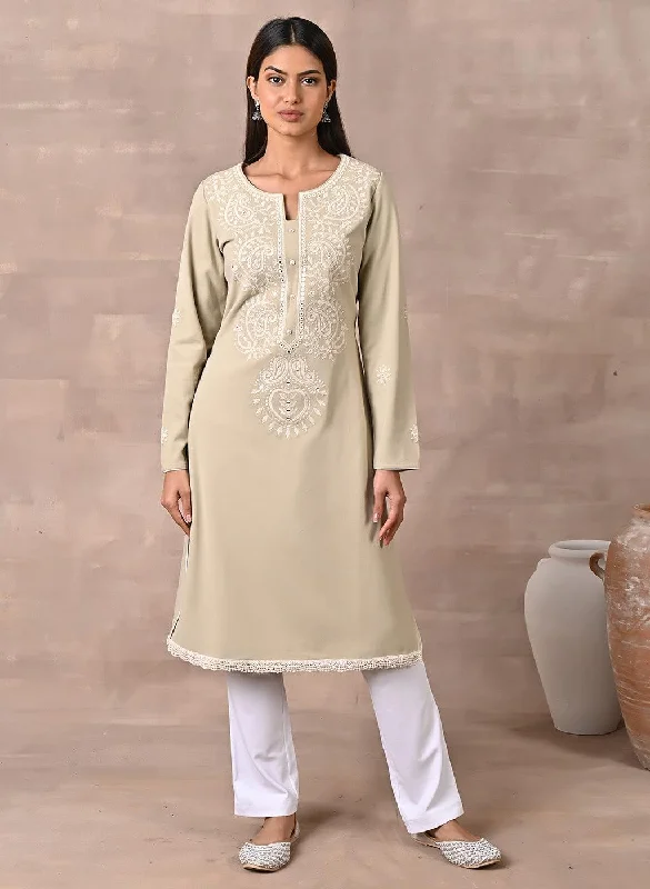 Beige Woolen Kurta with Fine Embroidery