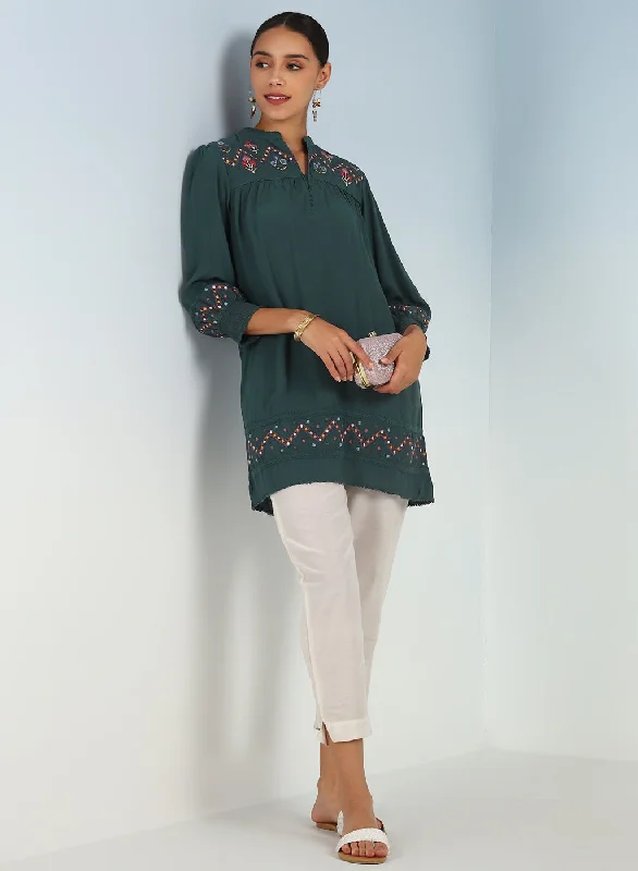 Green A line Rayon Tunic with Embroidery and Smocking effect Puffed Sleeve