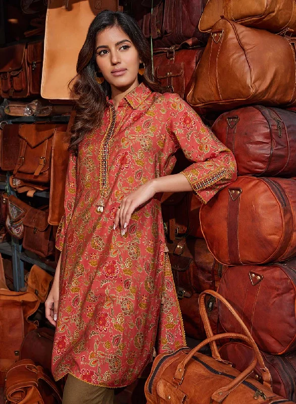 Noor Terracotta Red Printed Cotton Tunic for Women