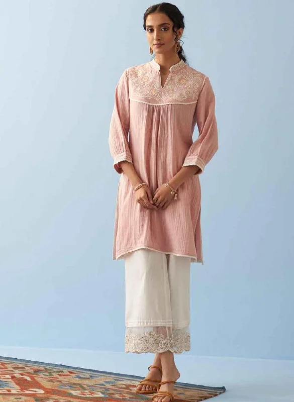 Pink Embroidered Thigh Length Crinkled Kurti