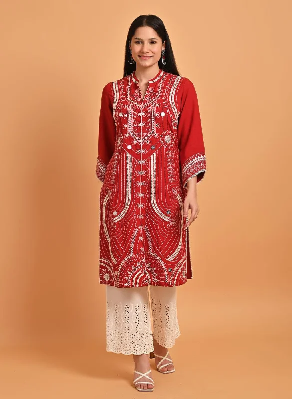 Red Straight Embroidered Kurta with 3/4th Sleeves