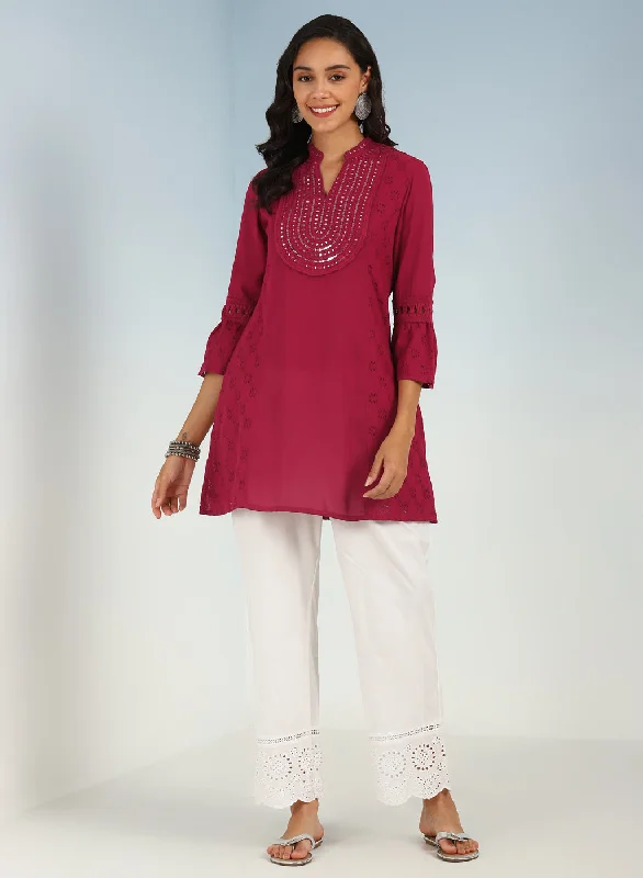 Rose Short Tunic with Mirror Work and Bell Sleeves