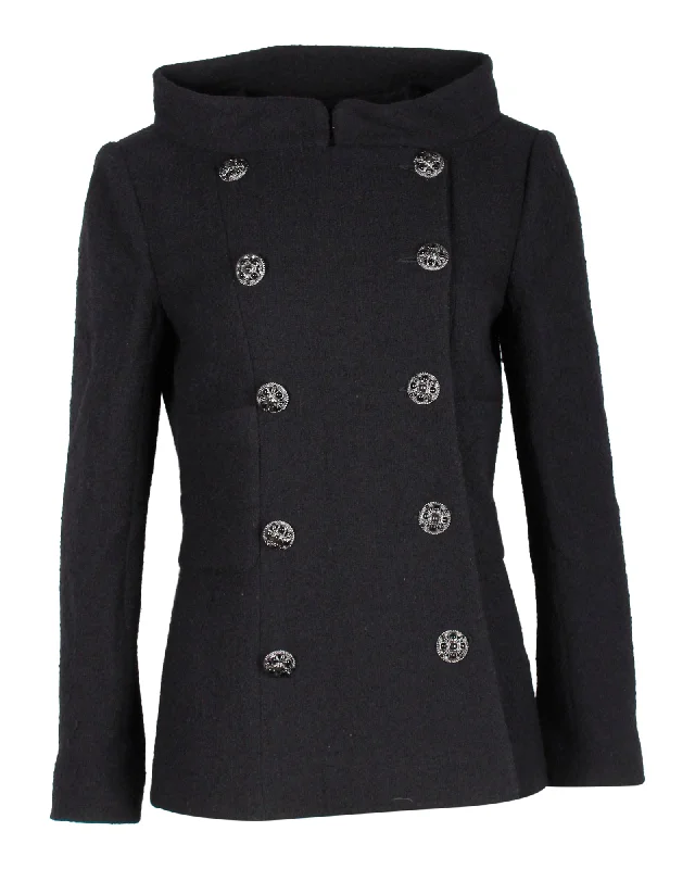 Chanel Double-Breasted Boat Neck Coat in Black Wool