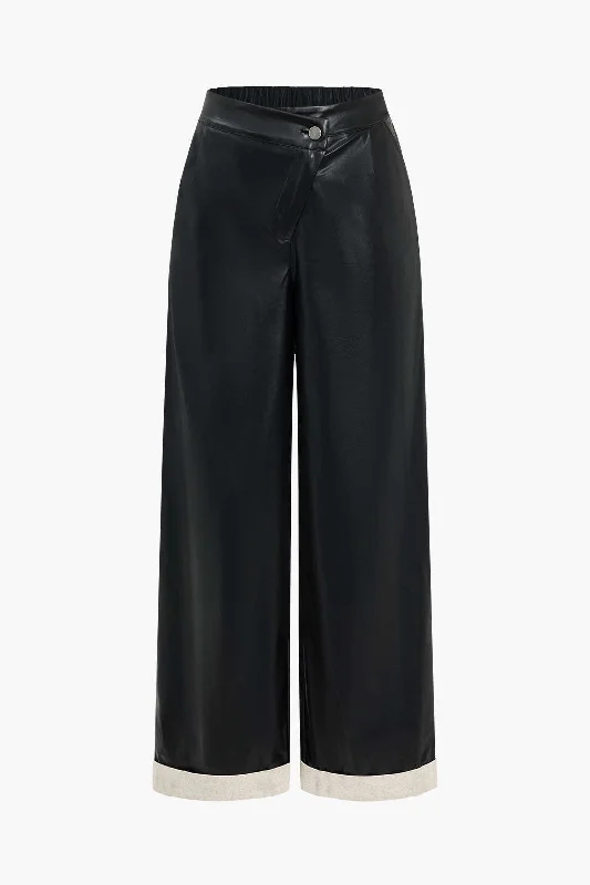 Faux Leather Asymmetrical Patchwork Trousers