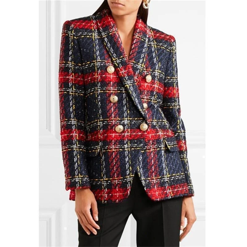 Plaid Tweed Blazer - Double-Breasted Blazer Women - Casual - Plaid