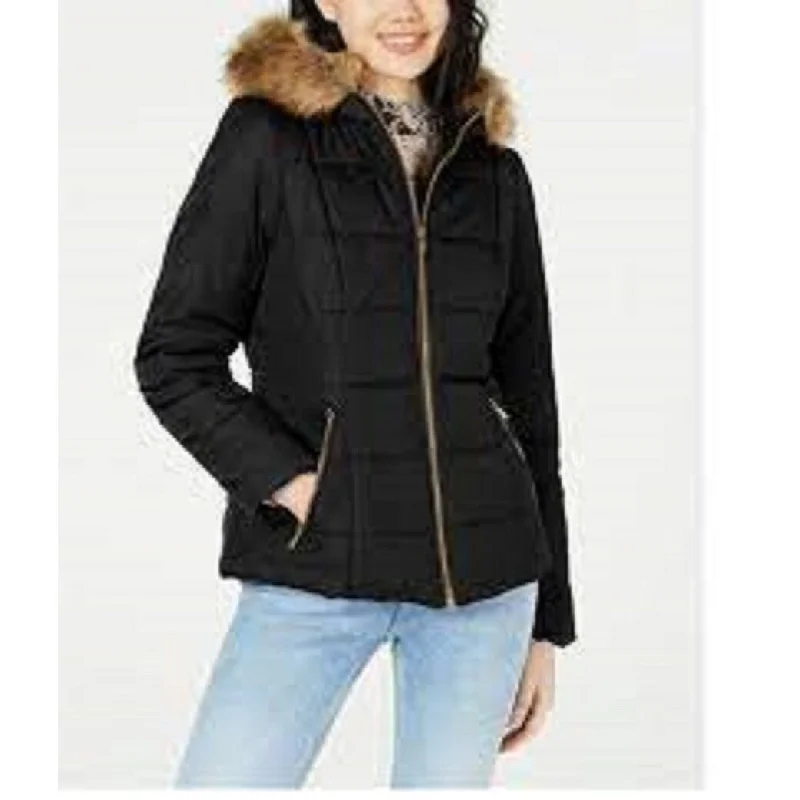 Celebrity Pink Juniors' Puffer Coat With Faux Fur Trim Hood Black Size Small