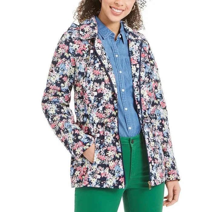 Charter Club Women's Floral-Print Hooded Utility Jacket Blue Size Medium