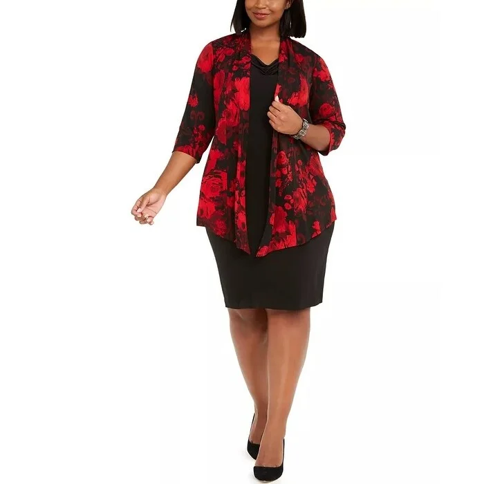 Connected Women's Plus Printed Jacket Dress Red Size 24W