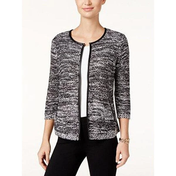 JM Collection Women's Petite Faux-Leather-Trim Marled Jacket Black/White Size Large - S