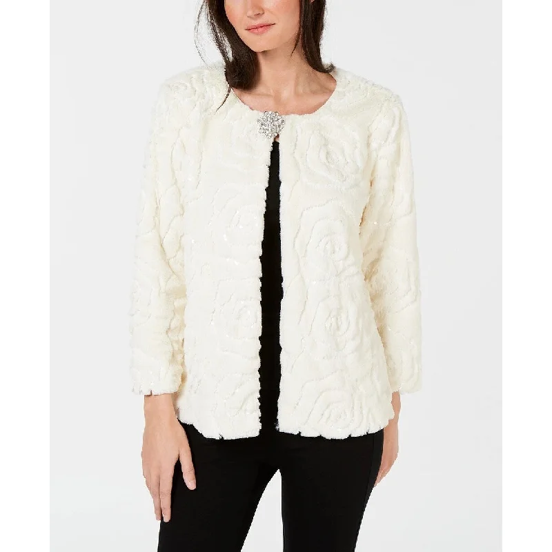 JM Collection Women's Sequined Faux Fur Broach Jacket White Size Small