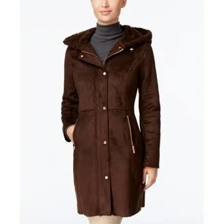 Jones New York Hooded Faux-Shearling Walker Coat Chocolate Large