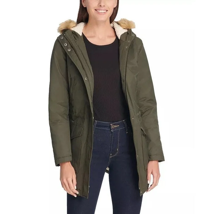 Levi's Women's Water Repellent Parka With Faux Shearling Lining & Faux Fur Trim Hood Green Size Small