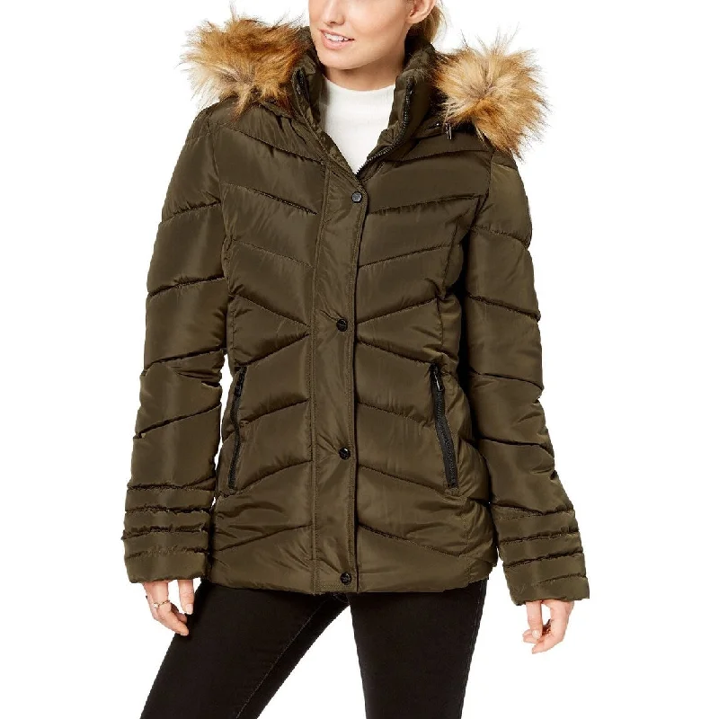 Madden Girl Juniors' Hooded Faux-Fur-Trim Puffer Coat Green Size X-Large - XL