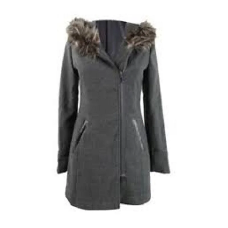 Maralyn & Me Juniors' Plus Size Asymmetrical-Zip Faux-Fur-Trim Hooded Coat Gray Size 2X - 2X Aver