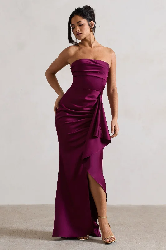 Ace | Plum Satin Bandeau Split Maxi Dress With Ruffle Drape