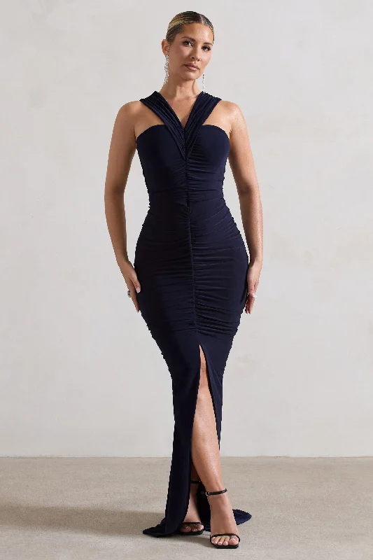 Aida | Navy Ruched V-Neck Split Maxi Dress