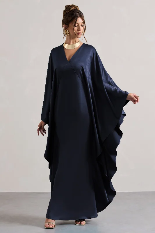 Alohi | Navy Satin Plunge Cape Maxi Dress