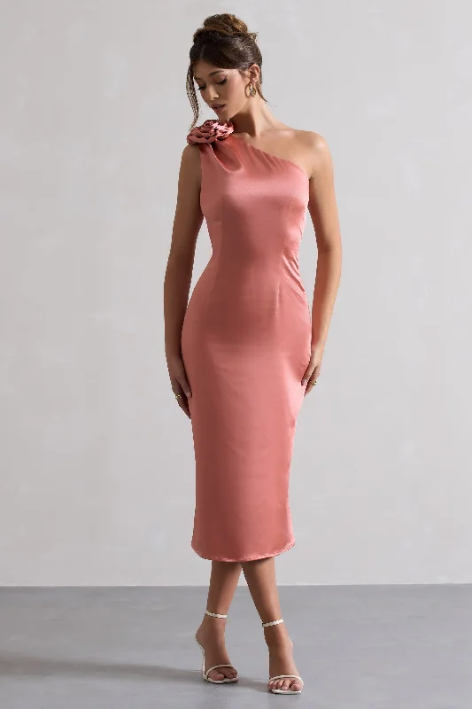 Ascot | Coral Satin One Shoulder Midi Dress With Corsage