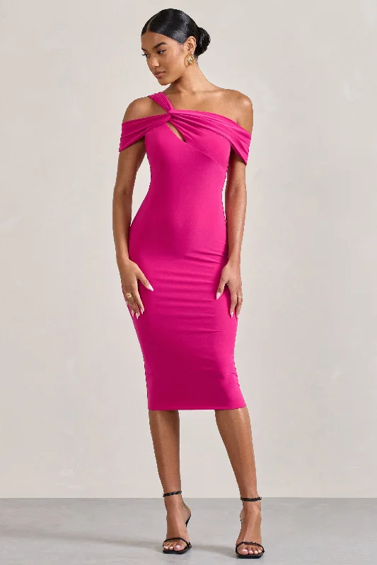 Chain Reaction | Fuchsia Pink Strappy Asymmetric Bodycon Midi Dress