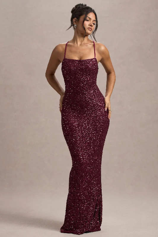 Cosmic | Berry Sequin Square-Neck Strappy Maxi Dress