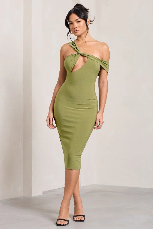 Ella | Olive Asymmetric Neck Cut Out Midi Dress