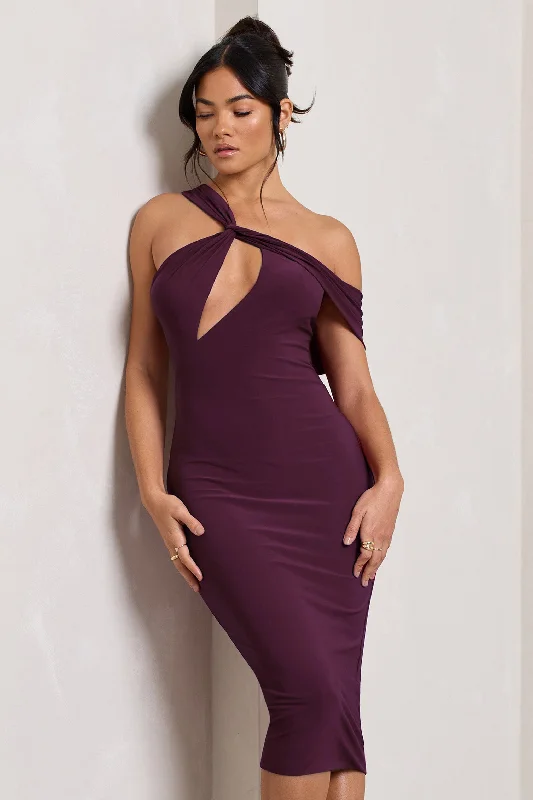 Ella | Plum Asymmetric Neck Cut Out Midi Dress