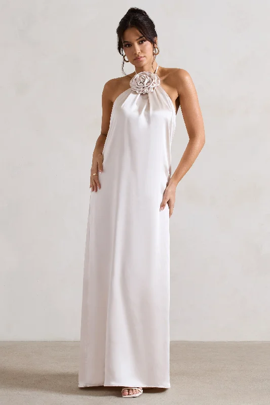 Everleigh | Cream Satin Relaxed Fit Maxi Column Dress With Corsage