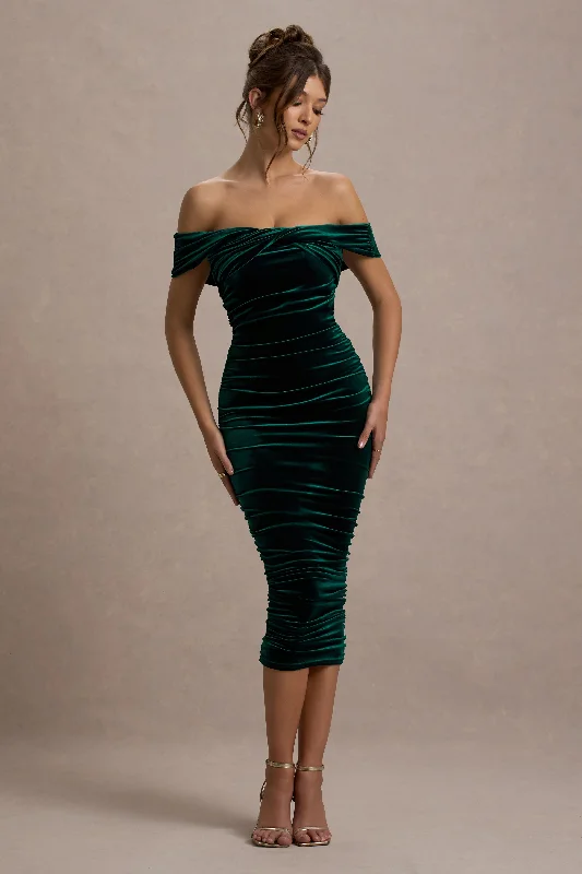 Gratitude | Bottle Green Velvet Off The Shoulder Ruched Midi Dress