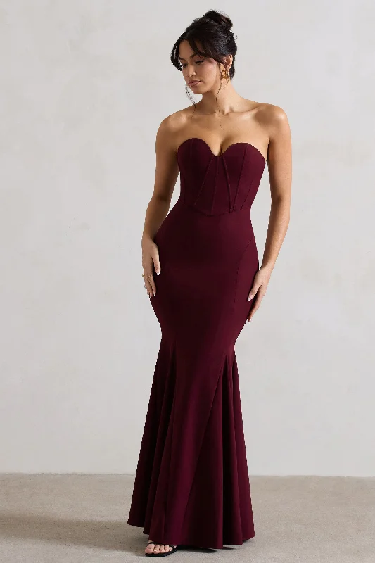 Idyllic | Burgundy Strapless Corset Style Fishtail Maxi Dress