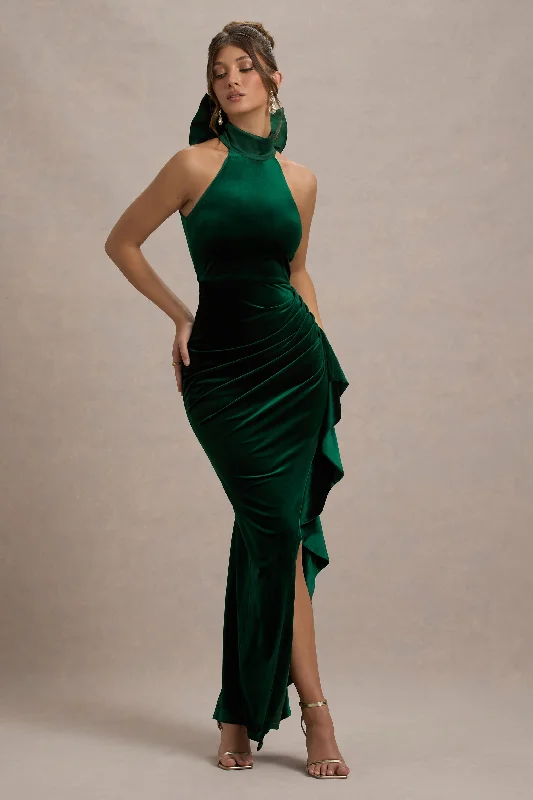 Janiya | Green Velvet High-Neck Ruffled Split Maxi Dress