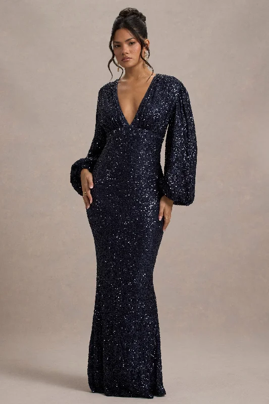 Kaelin | Navy Sequin Plunge-Neck Maxi Dress