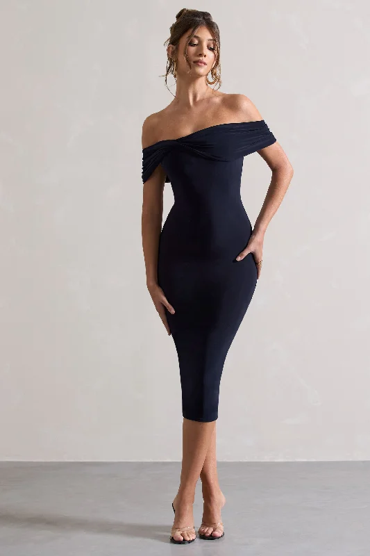 Keely | Navy Bodycon Twisted Bardot Midi Dress